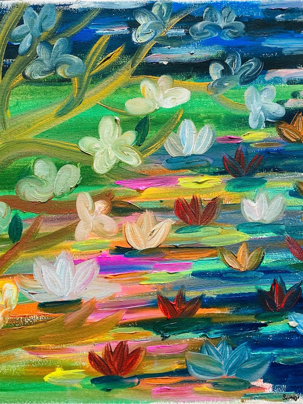 Rainbow lake - Abstract Floral Pond Canvas - hand painted